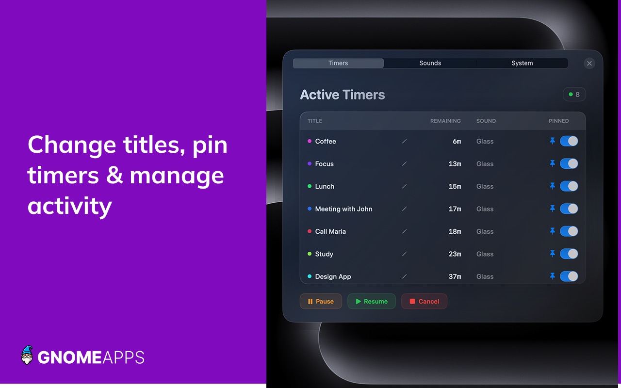 Liquid Timer activity panel managing multiple running timers